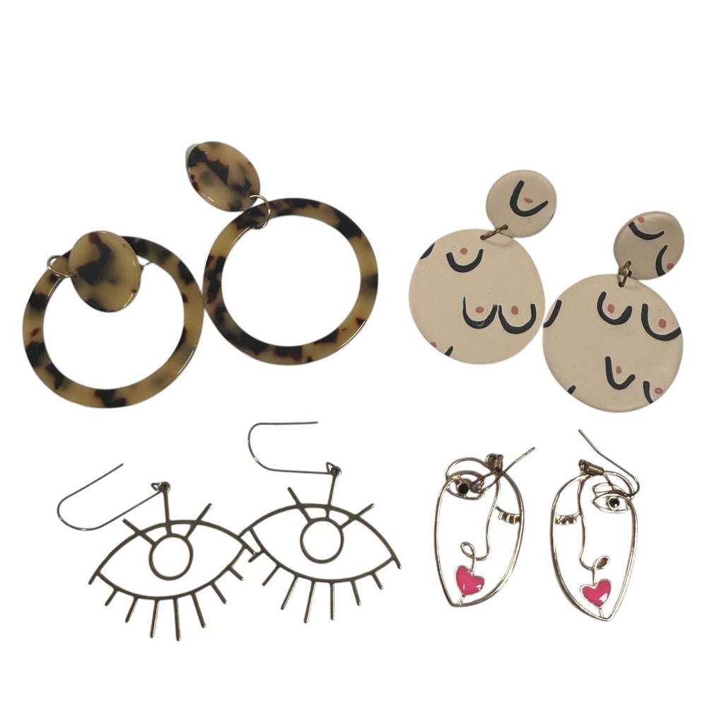 Abstract Face Body Eyes Tortoise Shell‎ Dangle Earrings Boob Polymer Set 4 Pairs